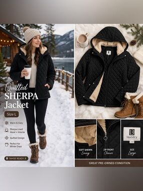 Laundry by Design Quilted Sherpa Lined Hooded Coat Black Large Winter Cozy